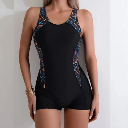 Racerback One Piece Swimsuit with Integrated Shorts and Quick Dry Fabric