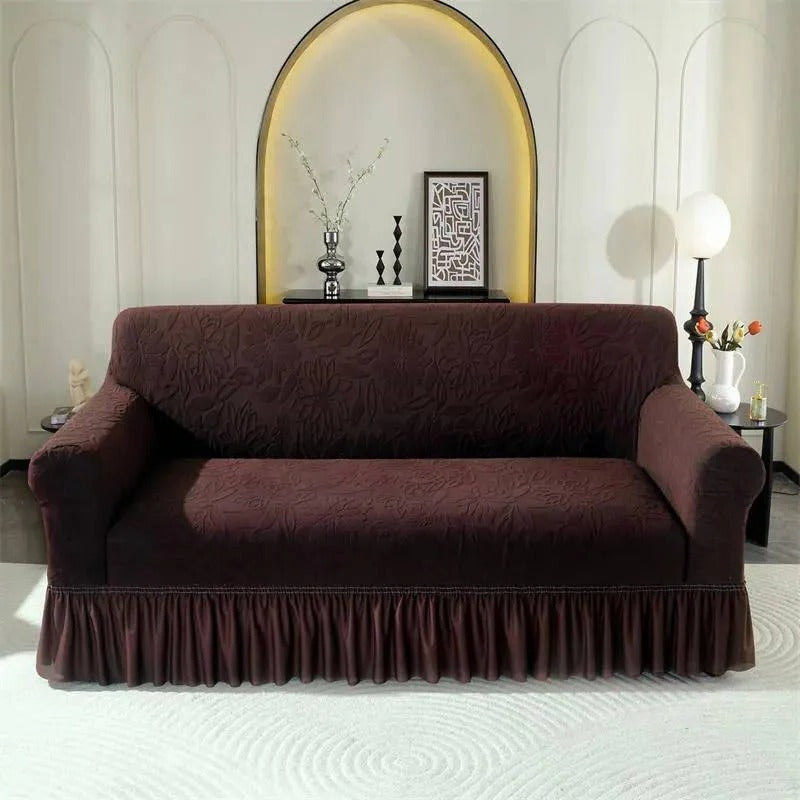 Jacquard Sofa Cover with Sunflower Print and Elastic Skirt, Machine Washable