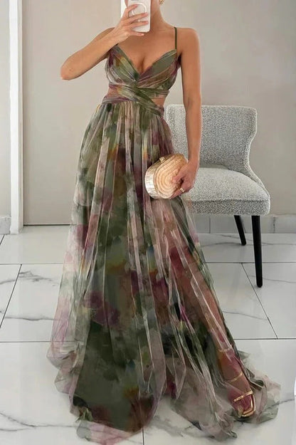 Sleeveless Maxi Dress with Adjustable Back Straps and Printed Pattern, Machine Washable