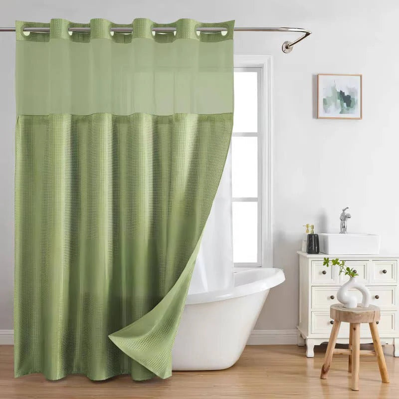 Hookless Shower Curtain with Waffle Weave and Mesh Light Panel Integrated Liner