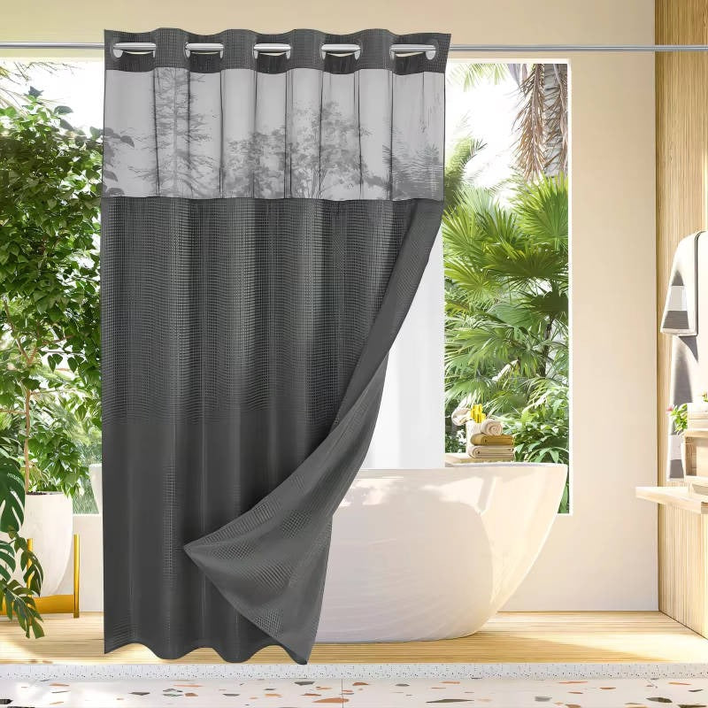 Hookless Shower Curtain with Waffle Weave and Mesh Light Panel Integrated Liner