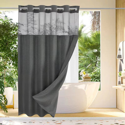 Hookless Shower Curtain with Waffle Weave and Mesh Light Panel Integrated Liner