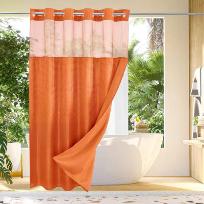 Hookless Shower Curtain with Waffle Weave and Mesh Light Panel Integrated Liner