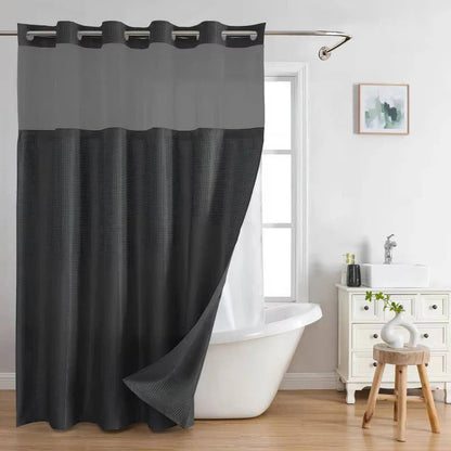 Hookless Shower Curtain with Waffle Weave and Mesh Light Panel Integrated Liner