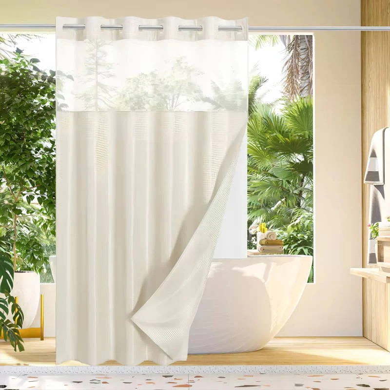 Hookless Shower Curtain with Waffle Weave and Mesh Light Panel Integrated Liner