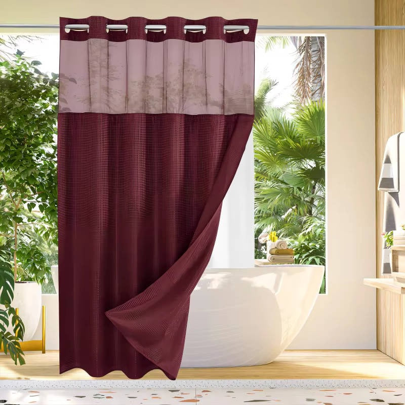 Hookless Shower Curtain with Waffle Weave and Mesh Light Panel Integrated Liner