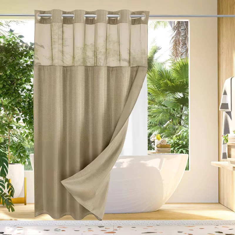 Hookless Shower Curtain with Waffle Weave and Mesh Light Panel Integrated Liner