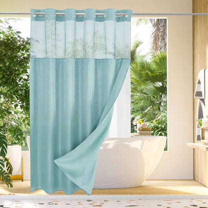 Hookless Shower Curtain with Waffle Weave and Mesh Light Panel Integrated Liner