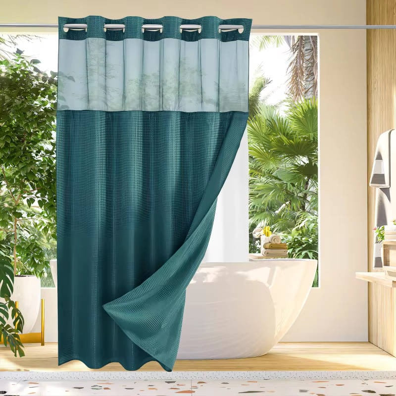 Hookless Shower Curtain with Waffle Weave and Mesh Light Panel Integrated Liner