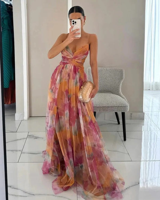 Sleeveless Maxi Dress with Adjustable Back Straps and Printed Pattern, Machine Washable