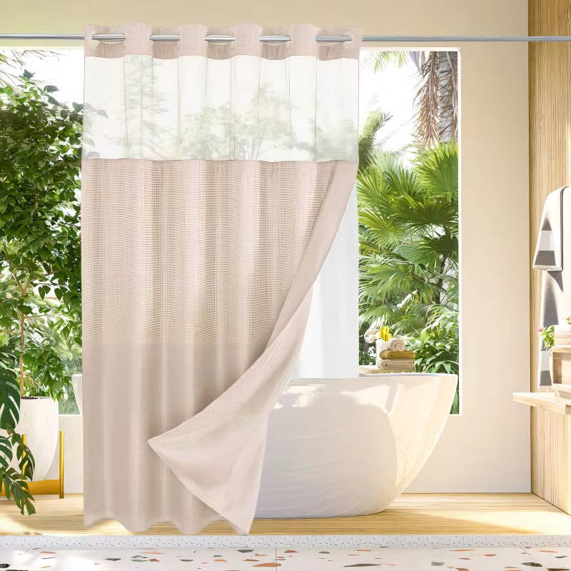 Hookless Shower Curtain with Waffle Weave and Mesh Light Panel Integrated Liner