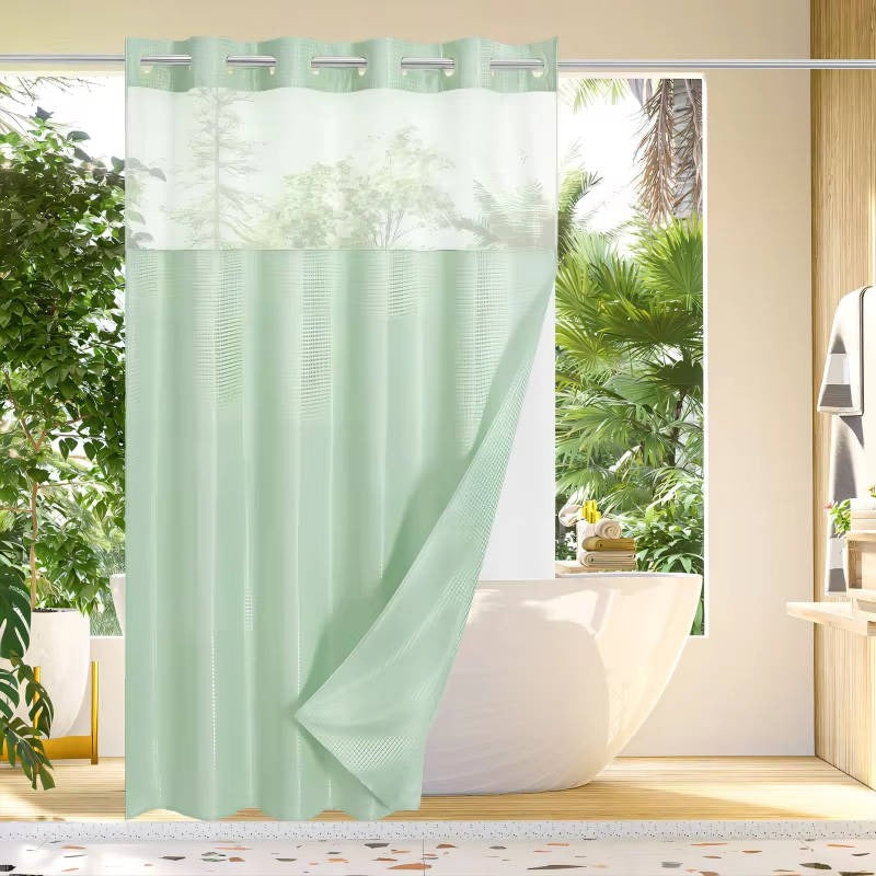 Hookless Shower Curtain with Waffle Weave and Mesh Light Panel Integrated Liner