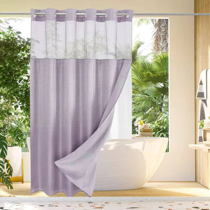 Hookless Shower Curtain with Waffle Weave and Mesh Light Panel Integrated Liner