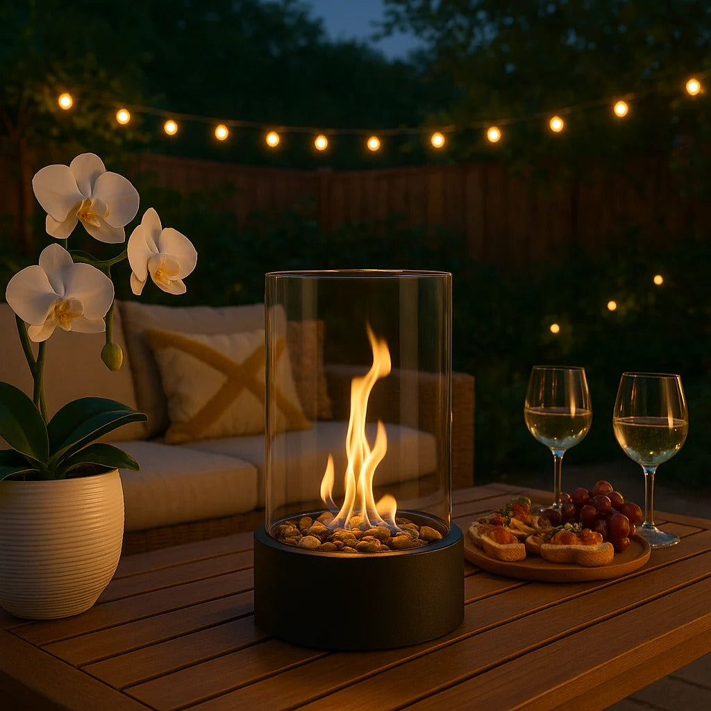 Tabletop Bioethanol Fireplace with Clear Glass Panels and Metal Base