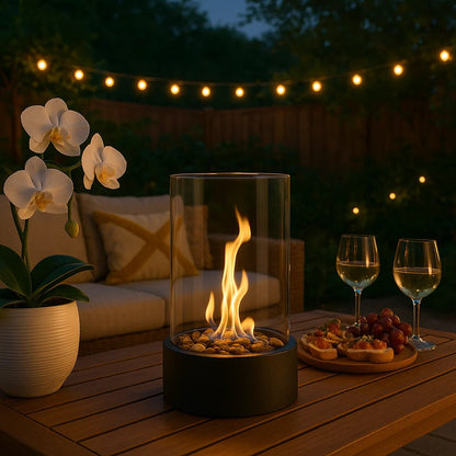 Tabletop Bioethanol Fireplace with Clear Glass Panels and Metal Base