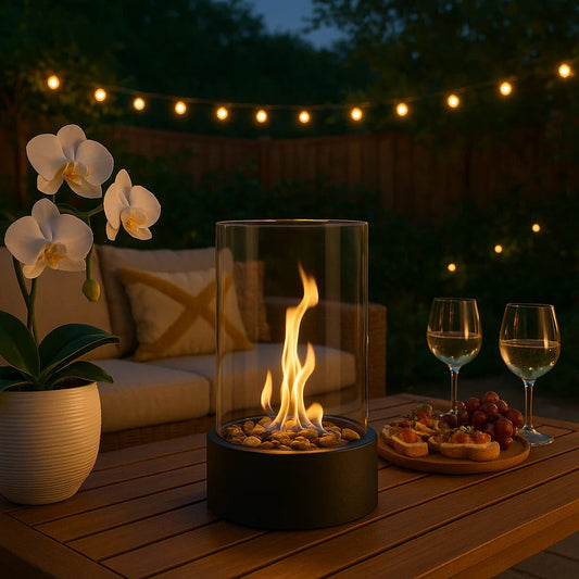 Tabletop Bioethanol Fireplace with Clear Glass Panels and Metal Base