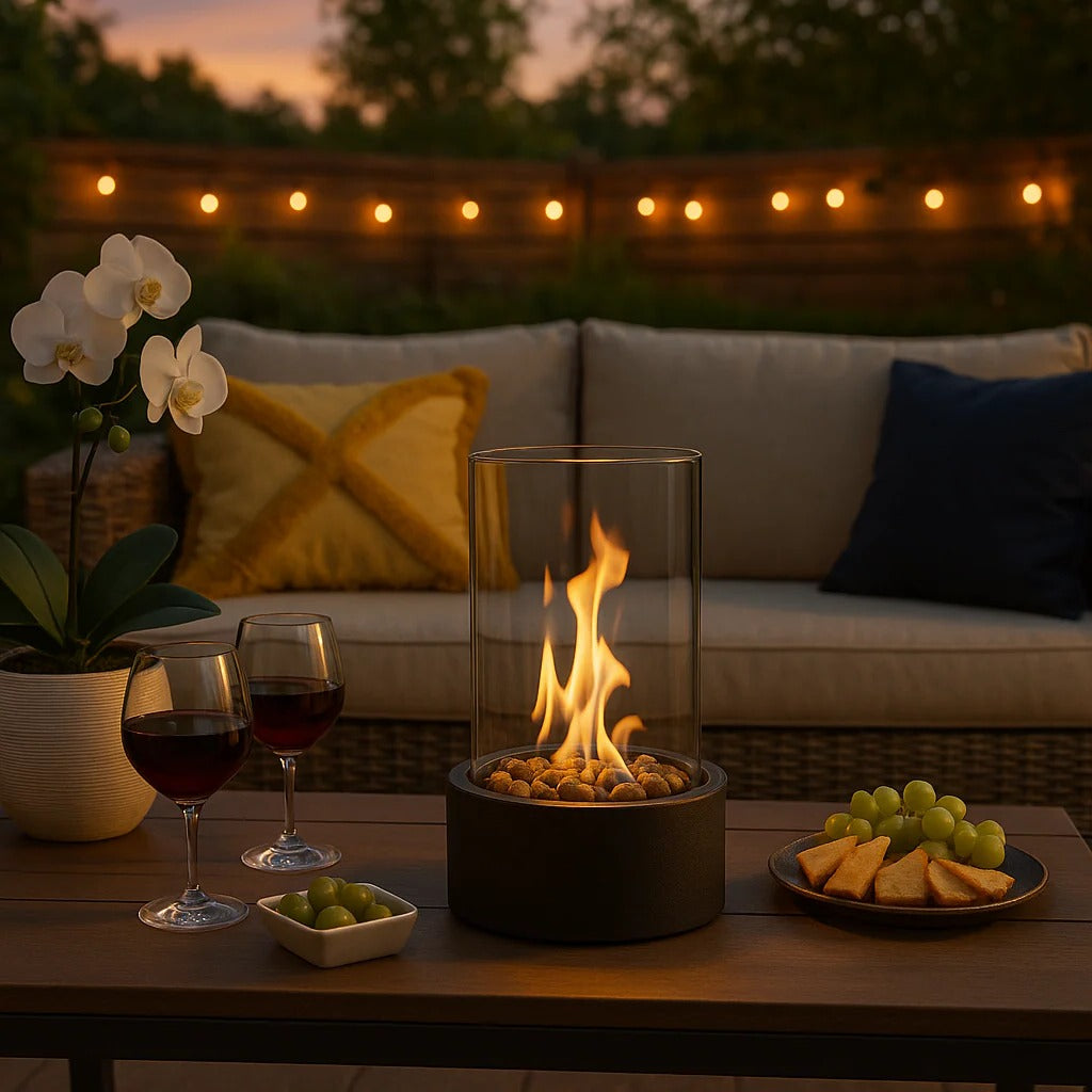 Tabletop Bioethanol Fireplace with Clear Glass Panels and Metal Base