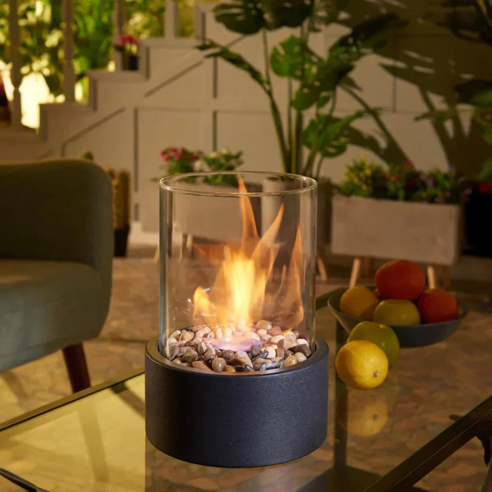 Tabletop Bioethanol Fireplace with Clear Glass Panels and Metal Base