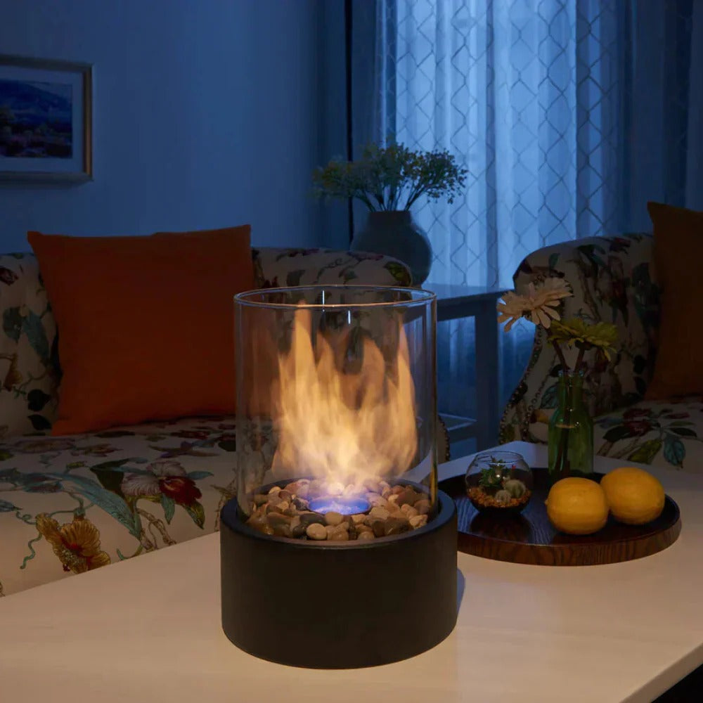 Tabletop Bioethanol Fireplace with Clear Glass Panels and Metal Base