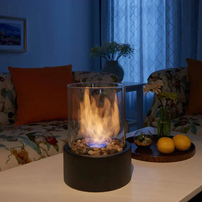 Tabletop Bioethanol Fireplace with Clear Glass Panels and Metal Base