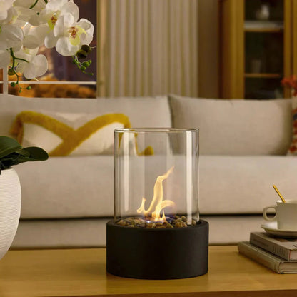 Tabletop Bioethanol Fireplace with Clear Glass Panels and Metal Base