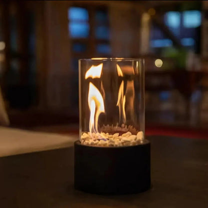 Tabletop Bioethanol Fireplace with Clear Glass Panels and Metal Base