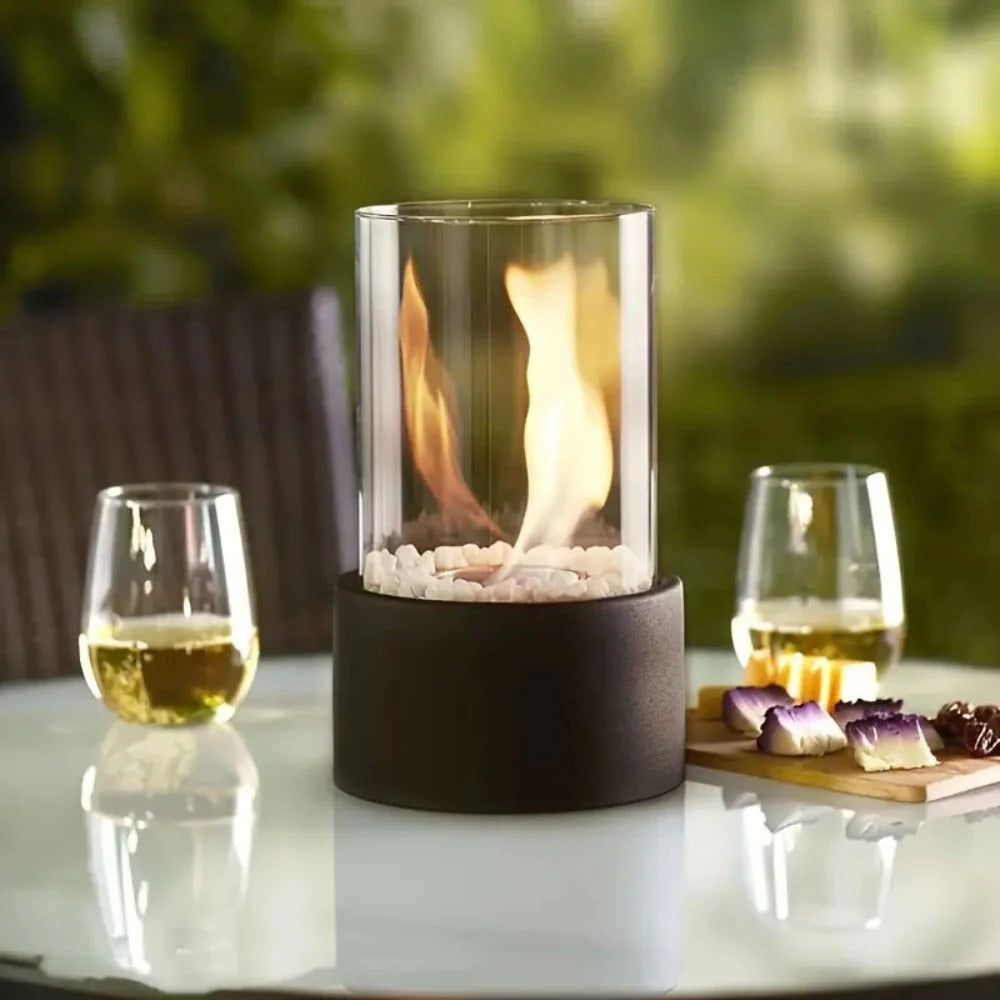 Tabletop Bioethanol Fireplace with Clear Glass Panels and Metal Base
