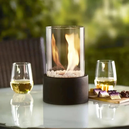 Tabletop Bioethanol Fireplace with Clear Glass Panels and Metal Base