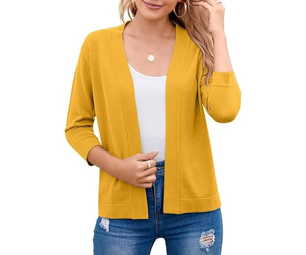 Open Front Cropped Cardigan with 3/4 Sleeves and Drop Shoulder, Viscose Blend