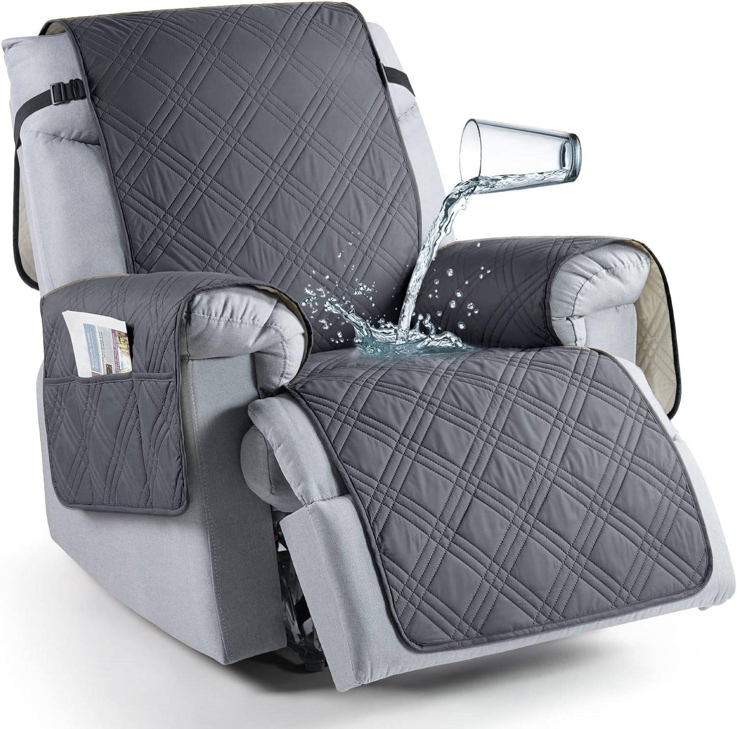 Quilted Recliner Chair Cover with Storage Pockets
