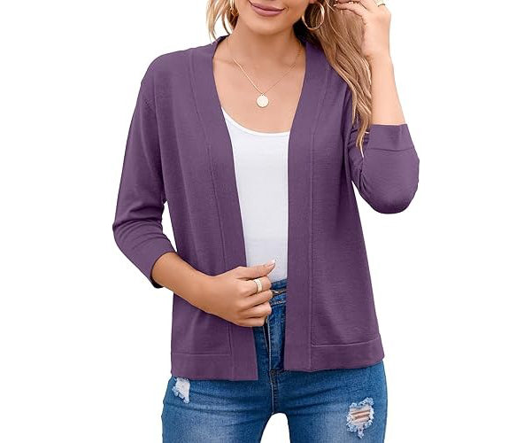 Open Front Cropped Cardigan with 3/4 Sleeves and Drop Shoulder, Viscose Blend