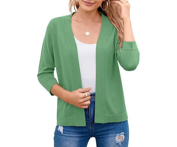 Open Front Cropped Cardigan with 3/4 Sleeves and Drop Shoulder, Viscose Blend