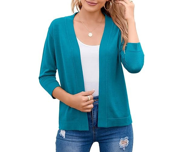 Open Front Cropped Cardigan with 3/4 Sleeves and Drop Shoulder, Viscose Blend