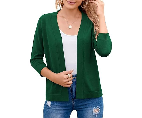 Open Front Cropped Cardigan with 3/4 Sleeves and Drop Shoulder, Viscose Blend