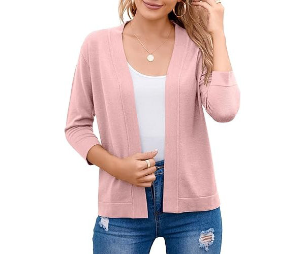 Open Front Cropped Cardigan with 3/4 Sleeves and Drop Shoulder, Viscose Blend