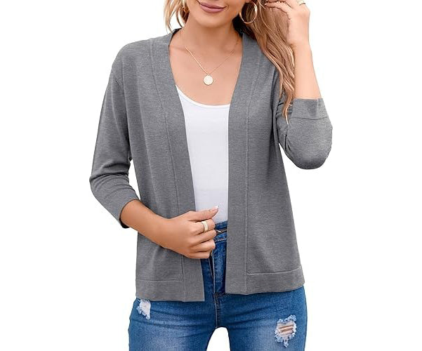 Open Front Cropped Cardigan with 3/4 Sleeves and Drop Shoulder, Viscose Blend
