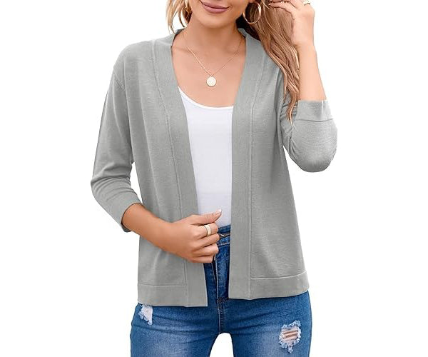 Open Front Cropped Cardigan with 3/4 Sleeves and Drop Shoulder, Viscose Blend