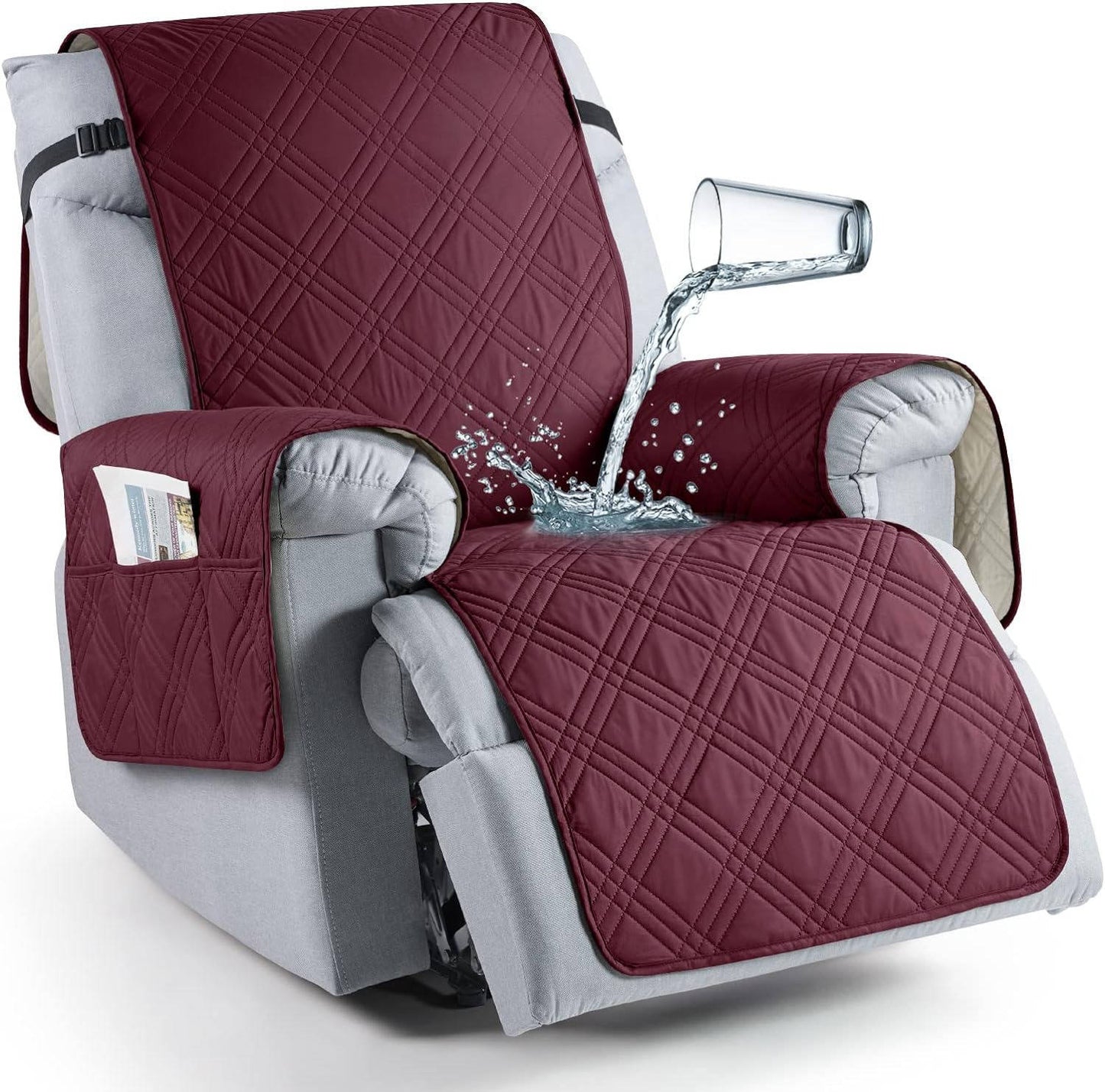 Quilted Recliner Chair Cover with Storage Pockets