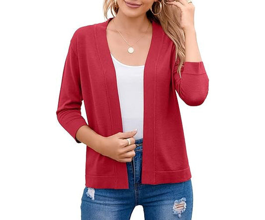 Open Front Cropped Cardigan with 3/4 Sleeves and Drop Shoulder, Viscose Blend