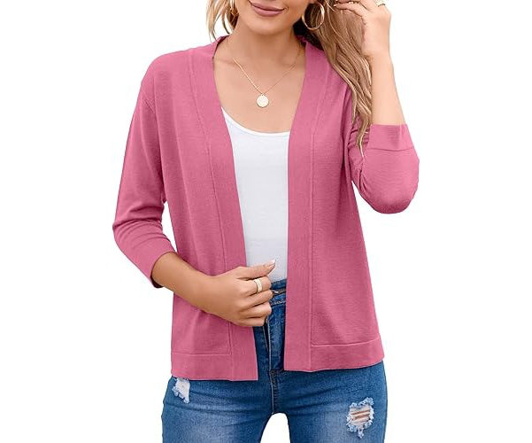 Open Front Cropped Cardigan with 3/4 Sleeves and Drop Shoulder, Viscose Blend