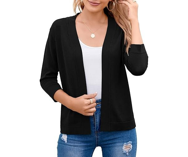 Open Front Cropped Cardigan with 3/4 Sleeves and Drop Shoulder, Viscose Blend