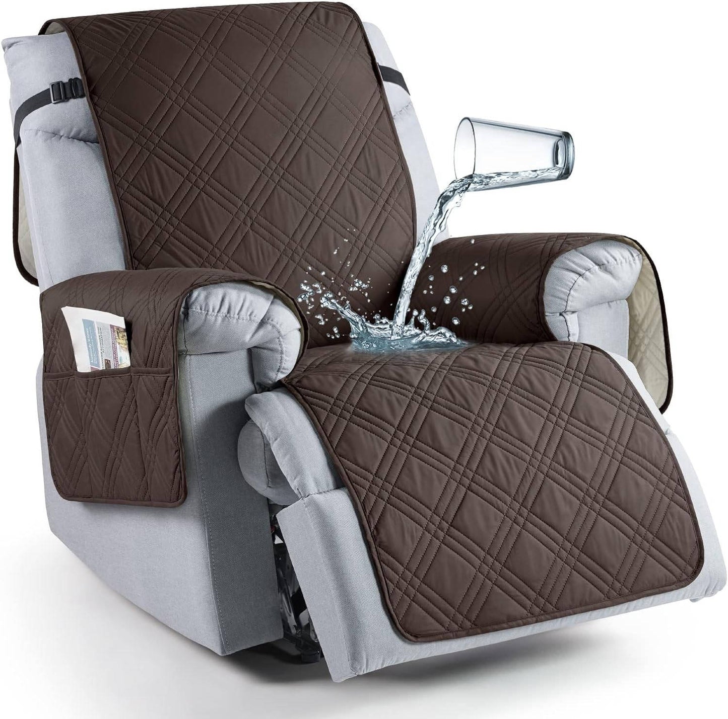 Quilted Recliner Chair Cover with Storage Pockets