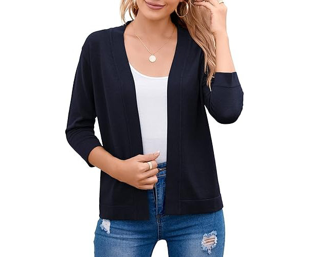 Open Front Cropped Cardigan with 3/4 Sleeves and Drop Shoulder, Viscose Blend