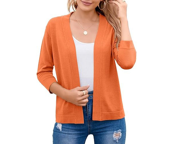 Open Front Cropped Cardigan with 3/4 Sleeves and Drop Shoulder, Viscose Blend