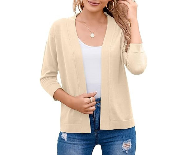 Open Front Cropped Cardigan with 3/4 Sleeves and Drop Shoulder, Viscose Blend