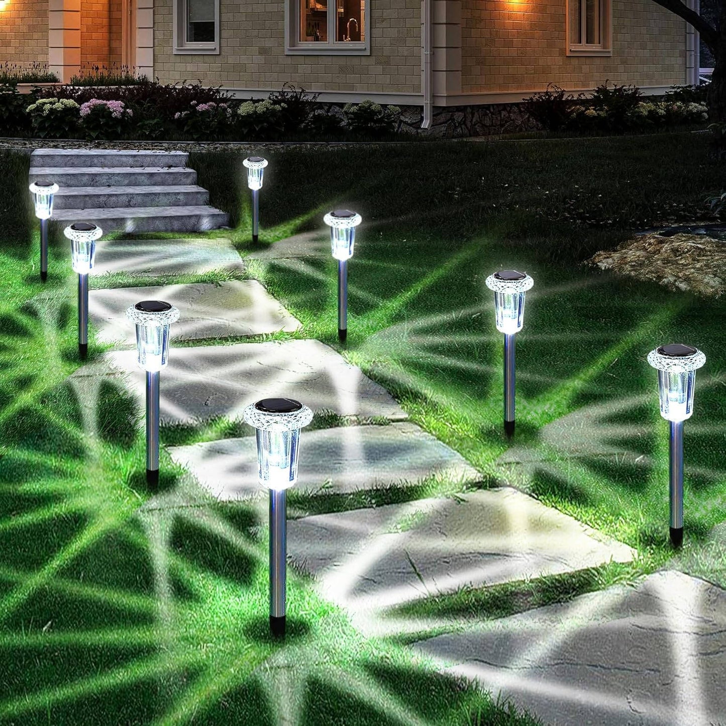 Solar Pathway Lights with Automatic Dusk Sensor and Diamond Acrylic Lens, Set of 10