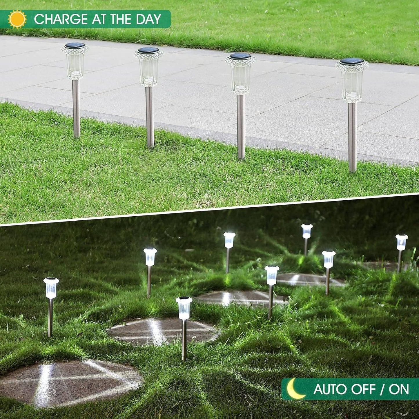 Solar Pathway Lights with Automatic Dusk Sensor and Diamond Acrylic Lens, Set of 10
