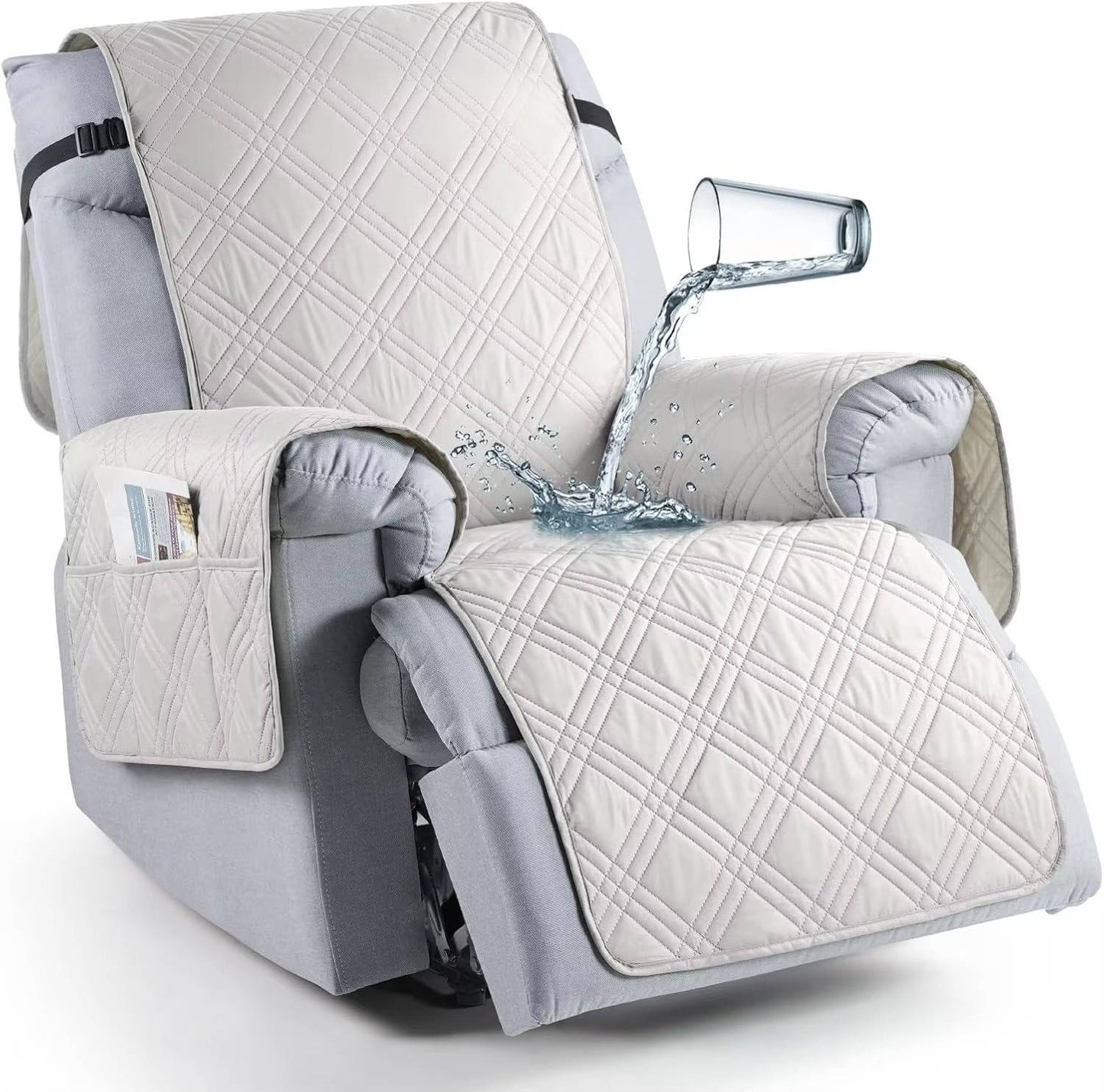 Quilted Recliner Chair Cover with Storage Pockets