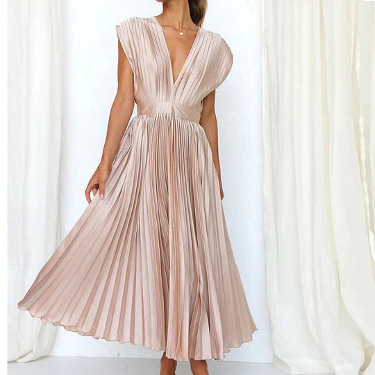 Midi Dress with V Neckline and Adjustable Tie Back, Pleated Skirt