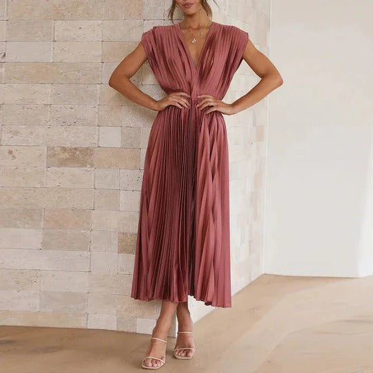 Midi Dress with V Neckline and Adjustable Tie Back, Pleated Skirt